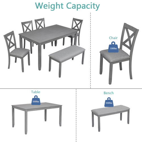 Stylish 6-Piece Dining Set – Rectangular wooden table with 4 cushioned chairs and a versatile bench. Seats 6 comfortably in a sleek gray finish, perfect for kitchen, dining room, or home bar.