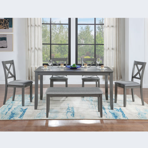 Stylish 6-Piece Dining Set – Rectangular wooden table with 4 cushioned chairs and a versatile bench. Seats 6 comfortably in a sleek gray finish, perfect for kitchen, dining room, or home bar.