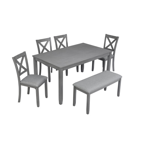 Stylish 6-Piece Dining Set – Rectangular wooden table with 4 cushioned chairs and a versatile bench. Seats 6 comfortably in a sleek gray finish, perfect for kitchen, dining room, or home bar.