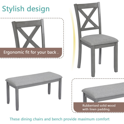 Stylish 6-Piece Dining Set – Rectangular wooden table with 4 cushioned chairs and a versatile bench. Seats 6 comfortably in a sleek gray finish, perfect for kitchen, dining room, or home bar.
