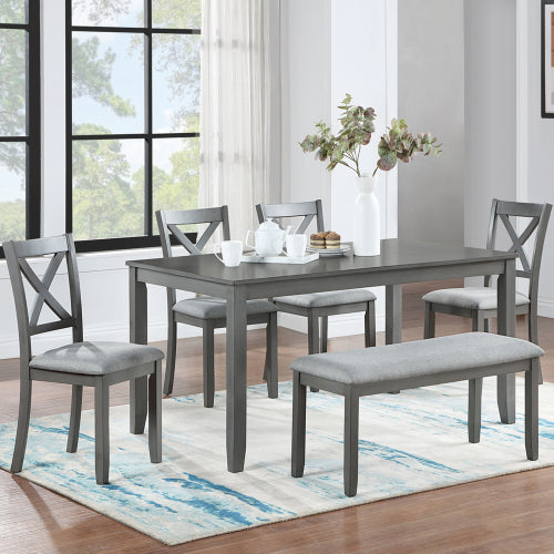 Stylish 6-Piece Dining Set – Rectangular wooden table with 4 cushioned chairs and a versatile bench. Seats 6 comfortably in a sleek gray finish, perfect for kitchen, dining room, or home bar.