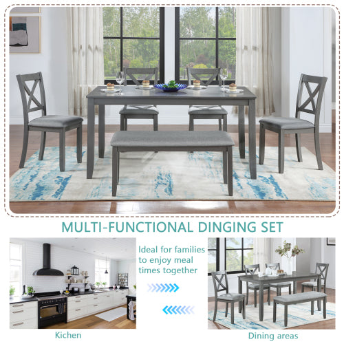 Stylish 6-Piece Dining Set – Rectangular wooden table with 4 cushioned chairs and a versatile bench. Seats 6 comfortably in a sleek gray finish, perfect for kitchen, dining room, or home bar.